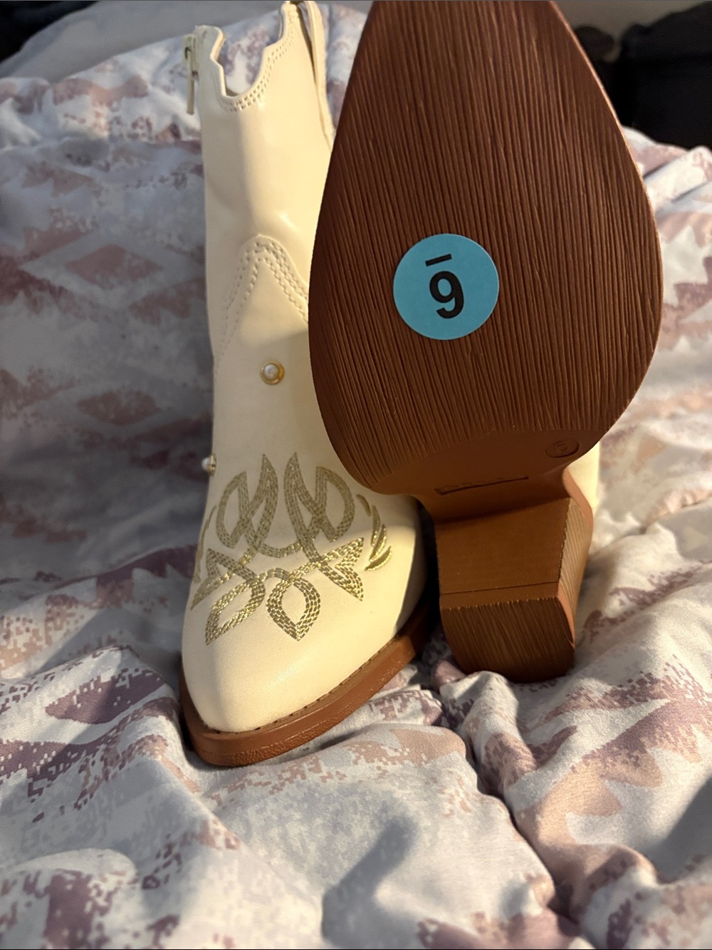 MIA Cream Western Ankle Boots with Gold Embroidery